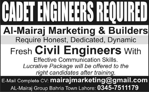 Fresh Civil Engineering Jobs in Lahore 2015 June / July at Al-Mairaj Marketing & Builders