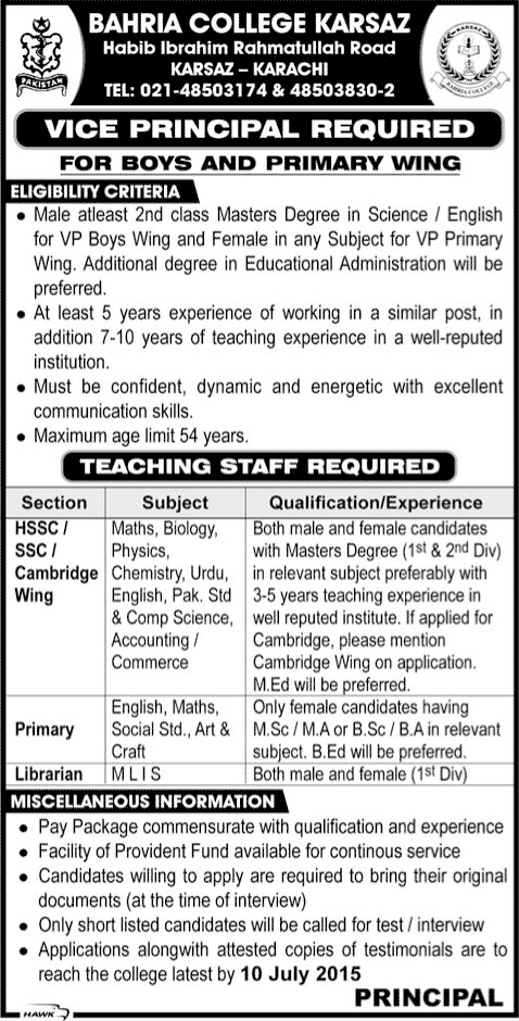 Bahria College Karsaz Karachi Jobs 2015 June / July Teaching Faculty, Vice Principal & Librarian