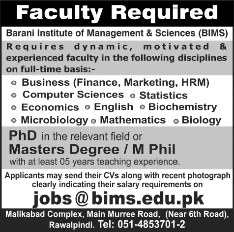 Barani Institute of Management & Sciences Rawalpindi Jobs 2015 June Teaching Faculty