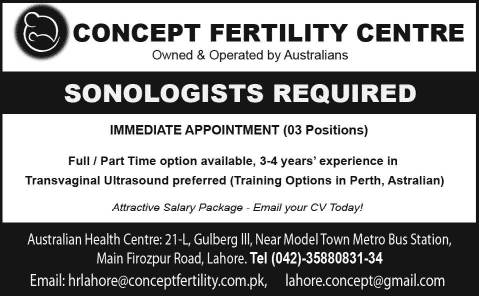 Sonologist Jobs in Concept Fertility Centre Lahore 2015 June / July