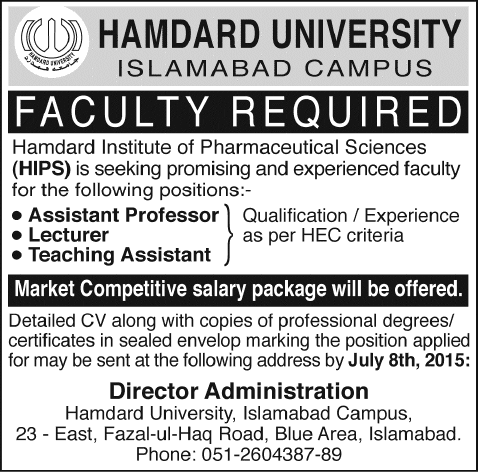 Hamdard University Islamabad Jobs 2015 June / July Teaching Faculty of Pharmaceutical Sciences