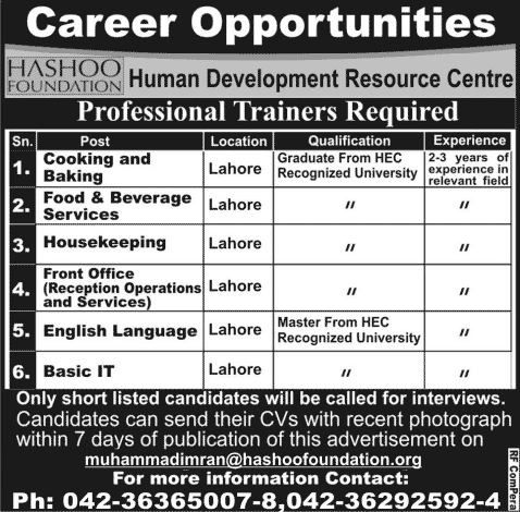 Hashoo Foundation Lahore Jobs 2015 June / July for Professional Trainers Latest