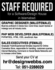 Graphic Designer, Web Developer & Sales Executive Jobs in Islamabad 2015 June / July Software / Design House