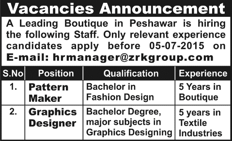 Pattern Maker & Graphic Designer Jobs in Peshawar 2015 June / July ZRK Group