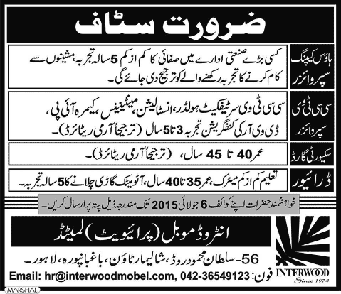 Interwood Mobel Lahore Jobs 2015 June / July Housekeeping / CCTV Supervisor, Security Guard & Driver