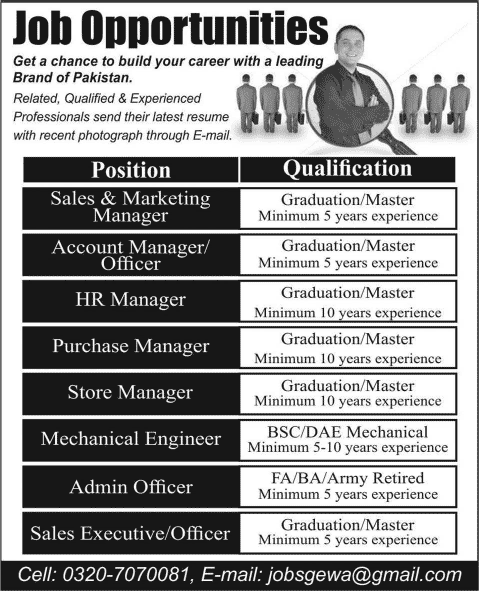 Jobs in Pakistan 2015 July Marketing / Accounts / HR / Store / Purchase Managers, Engineers & Others