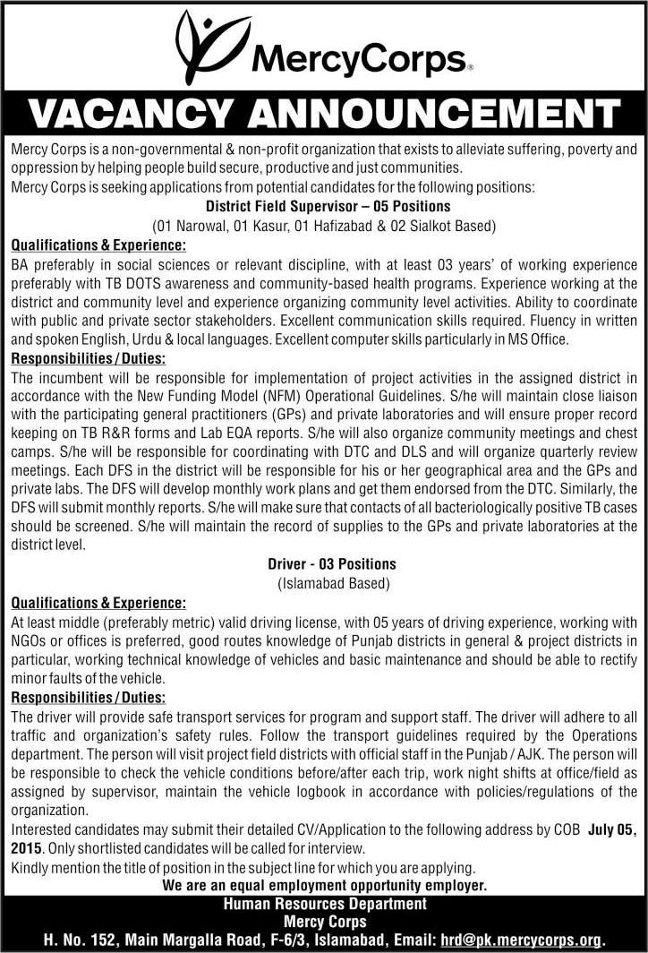 Mercy Corps Pakistan Jobs 2015 June / July District Field Supervisor & Drivers Latest