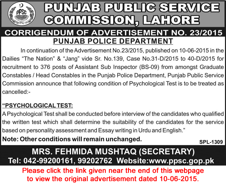 PPSC ASI Jobs in Punjab Police 2015 Psychological Test Information Corrigendum Ad No. 23/2015