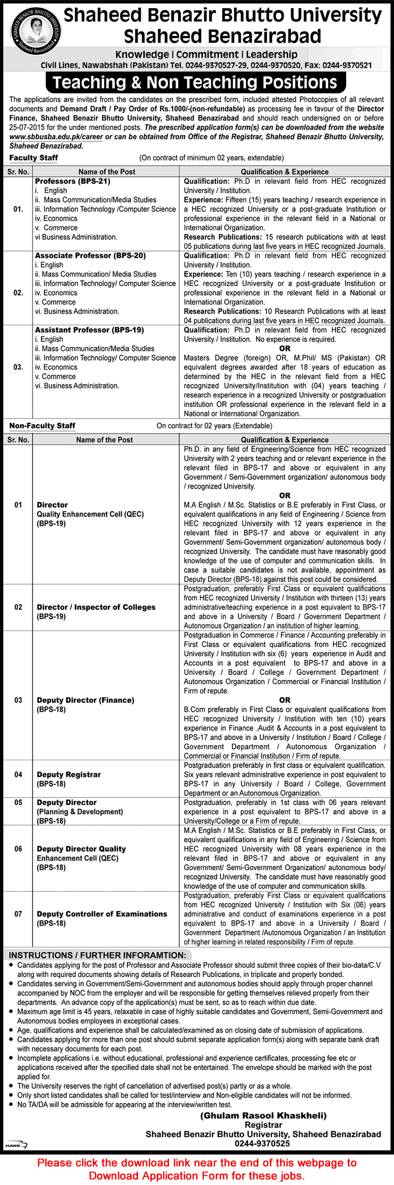 Shaheed Benazir Bhutto University Shaheed Benazirabad Jobs 2015 June / July Teaching Faculty & Admin Staff