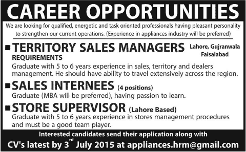 Sales Manager / Internees & Store Supervisor Jobs in Lahore / Gujranwala / Faisalabad 2015 June / July