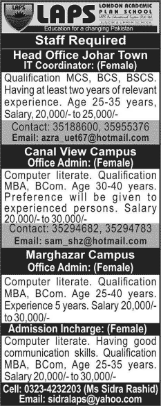 LAPS School Lahore Jobs 2015 June / July IT Coordinator, Admin Officers & Admission Incharge