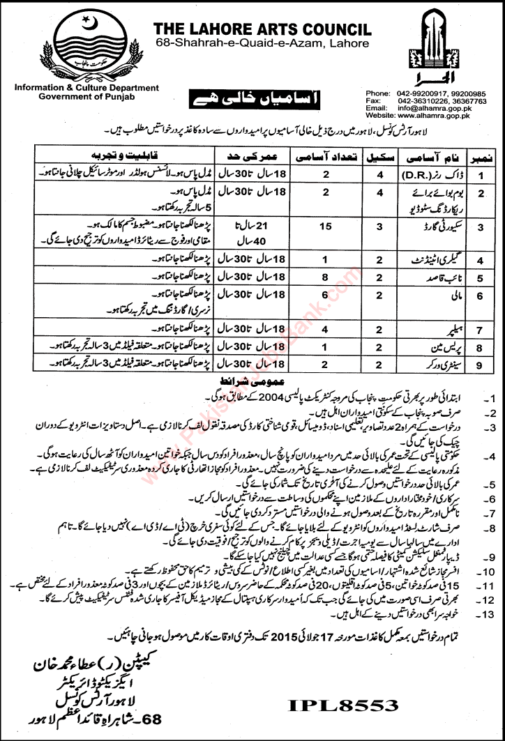 Lahore Arts Council Jobs 2015 June / July Security Guards, Naib Qasid, Mali, Helpers & Others