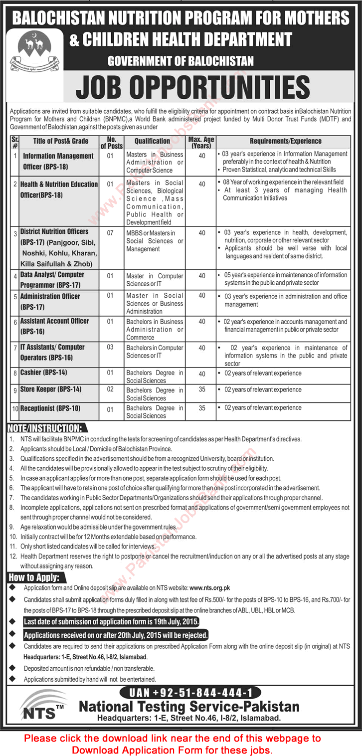 Balochistan Nutrition Program for Mothers & Children Jobs 2015 July NTS Application Form Health Department
