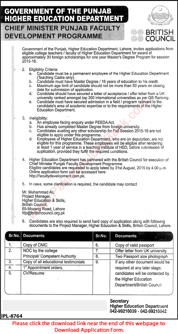 Chief Minister Punjab Colleges Faculty Development Program 2015 July Application Form Foreign Scholarships