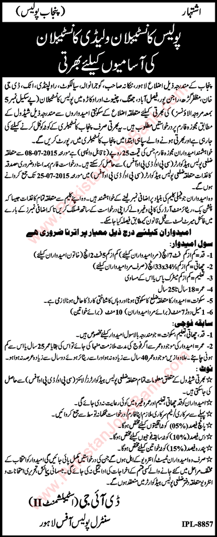 Punjab Police Constable Jobs July 2015 for Punjab Constabulary Latest / New