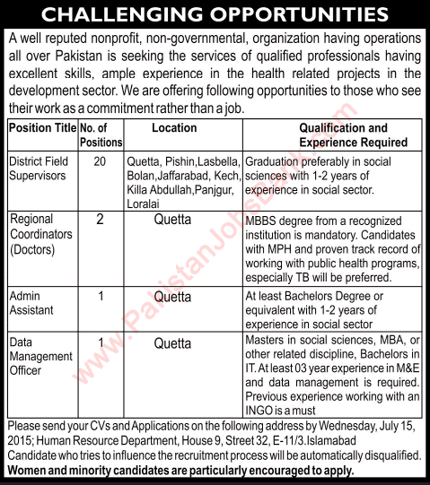 Strengthening Participatory Organization Balochistan Jobs 2015 July Field Supervisors & Admin Staff