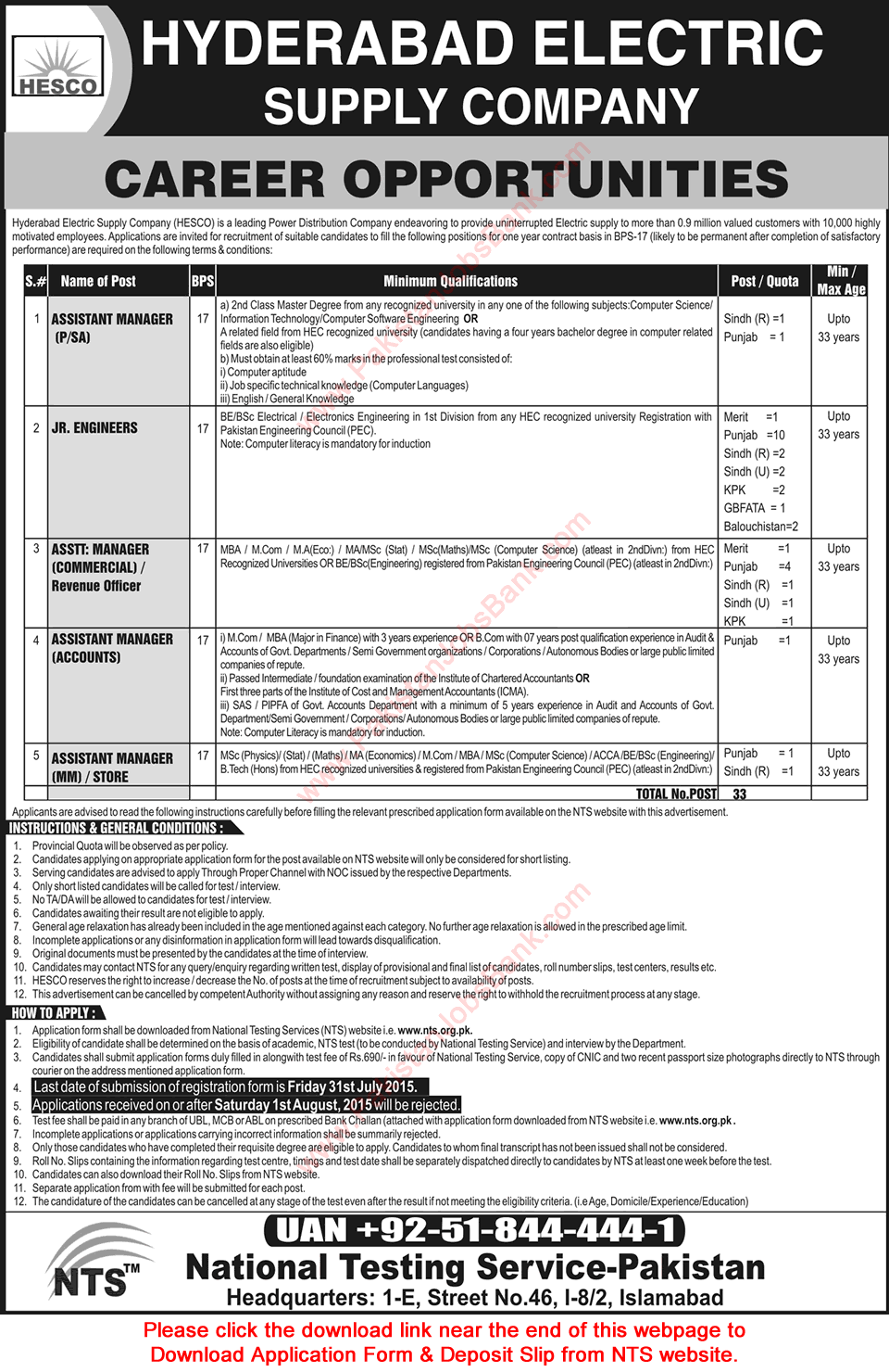 HESCO Jobs 2015 July WAPDA Junior Engineers & Assistant Managers NTS Application Form Download Hyderabad