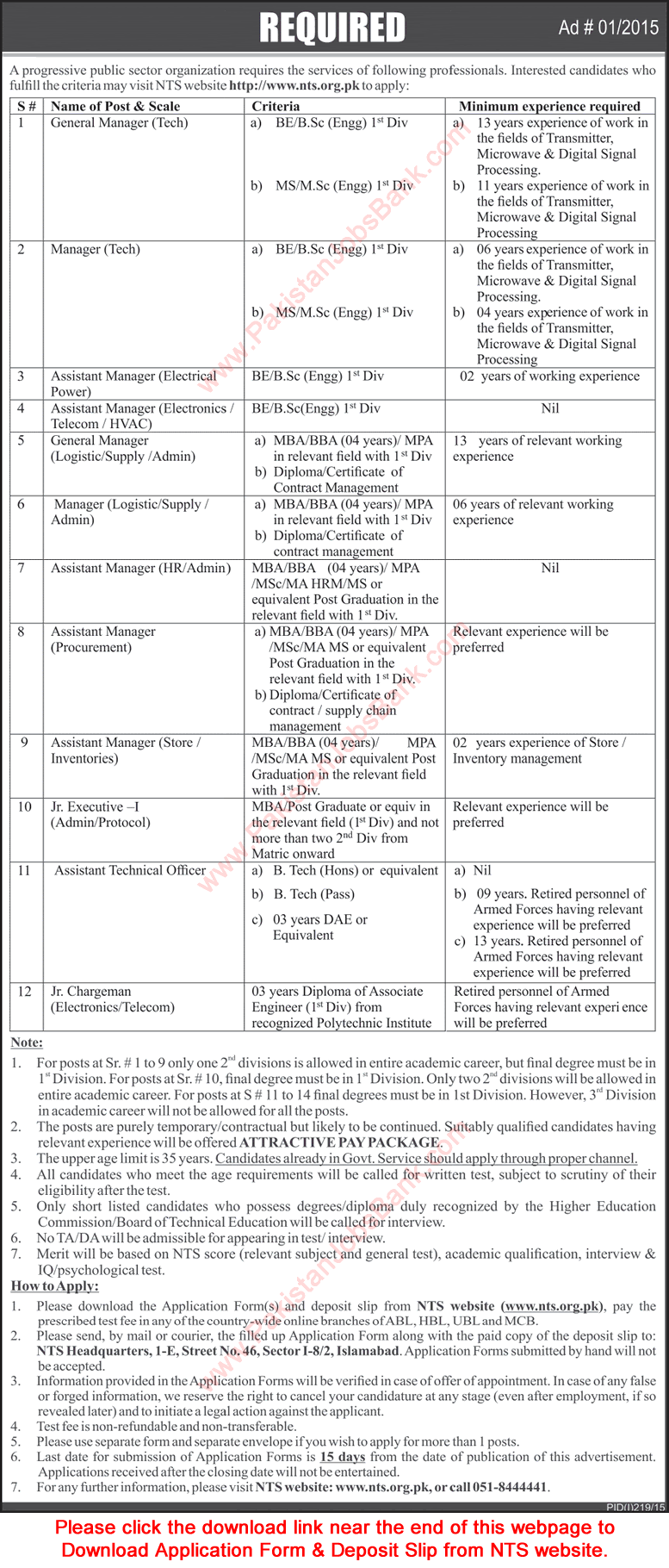 NTS Progressive Public Sector Organization Jobs July 2015 Application Form Download Latest