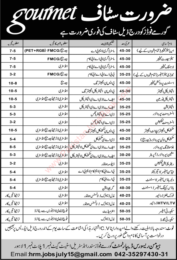 Gourmet Foods Jobs 2015 July Pakistan Engineers, Technical & Admin Staff Latest Advertisement