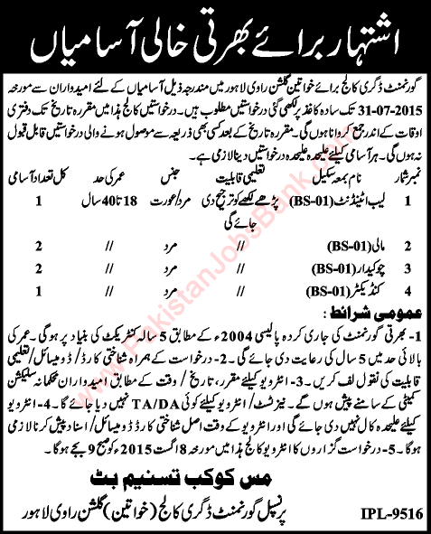 Government Degree College Gulshan-e-Ravi Lahore Jobs 2015 July Mali, Chowkidar & Conductor