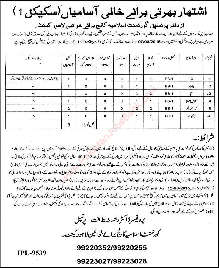 Government Islamia College Lahore Cantt Jobs 2015 July Aya, Mali, Chowkidar, Baildar, Class-4 & Conductor