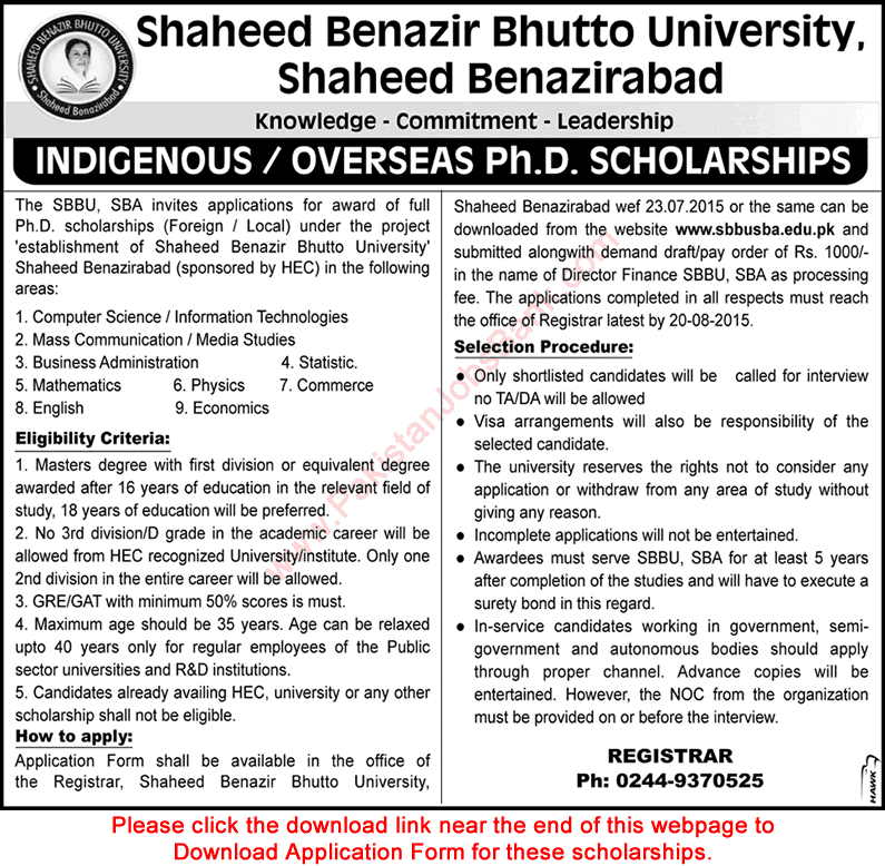 Shaheed Benazir Bhutto University PhD Scholarships 2015 July Application Form Indigenous / Overseas
