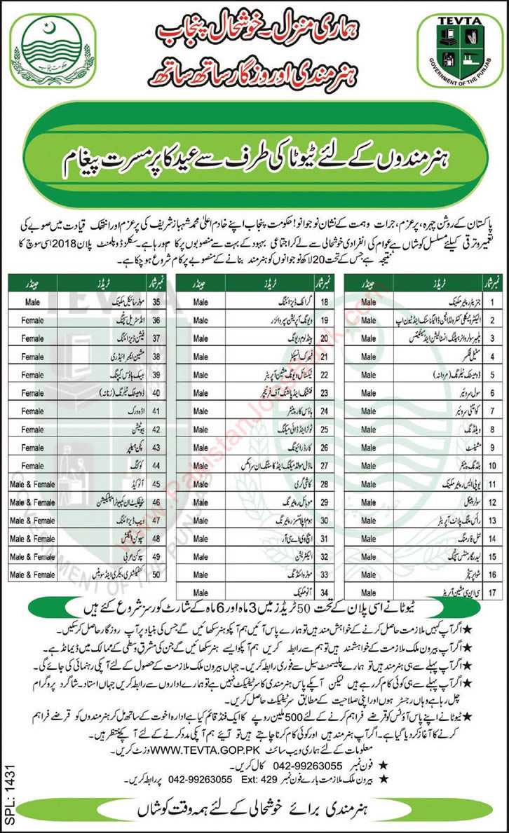 TEVTA Courses in Punjab 2015 July Technical Training Courses Latest Advertisement