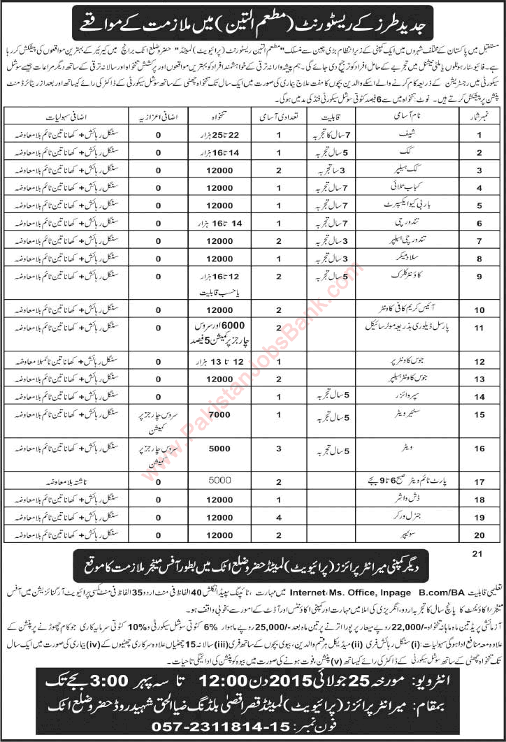 Mir Enterprises Pvt. Limited Hazro Attock Jobs 2015 July Restaurant Staff & Office Manager Latest