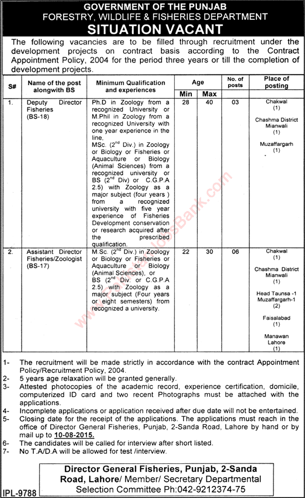 Punjab Wildlife Department Jobs 2015 July Assistant / Deputy Director Fisheries / Zoologist