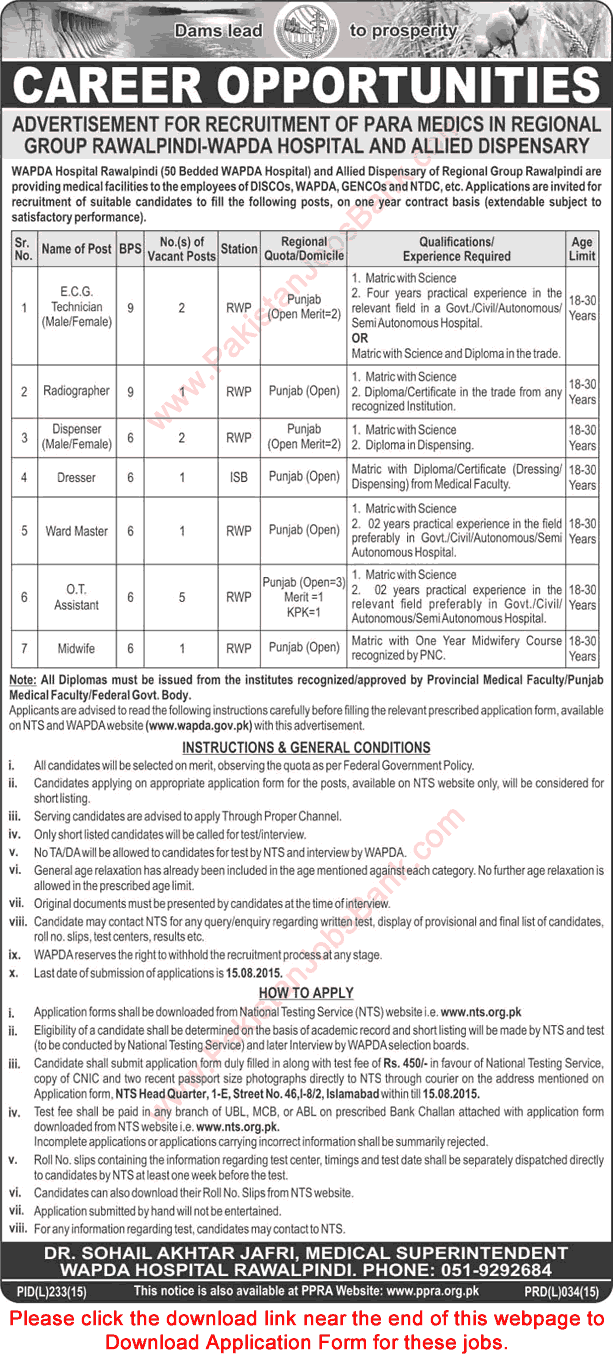 WAPDA Hospital & Dispensaries Rawalpindi Jobs July 2015 NTS Application Form Download
