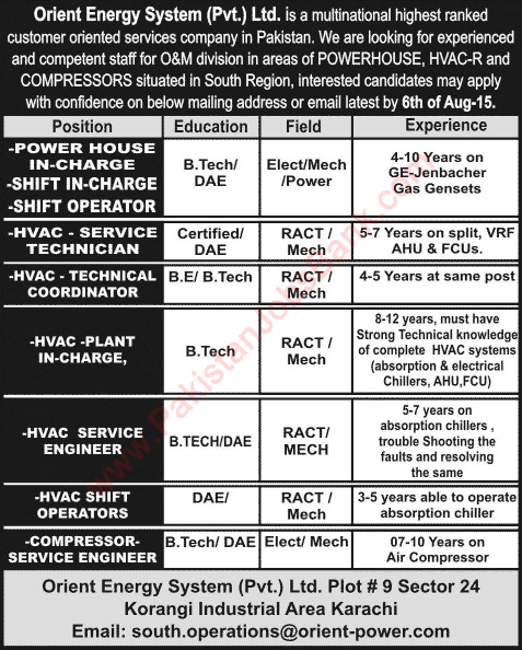 Orient Energy System Karachi Jobs 2015 July HVAC / RAC / Mechanical / Electrical Engineers