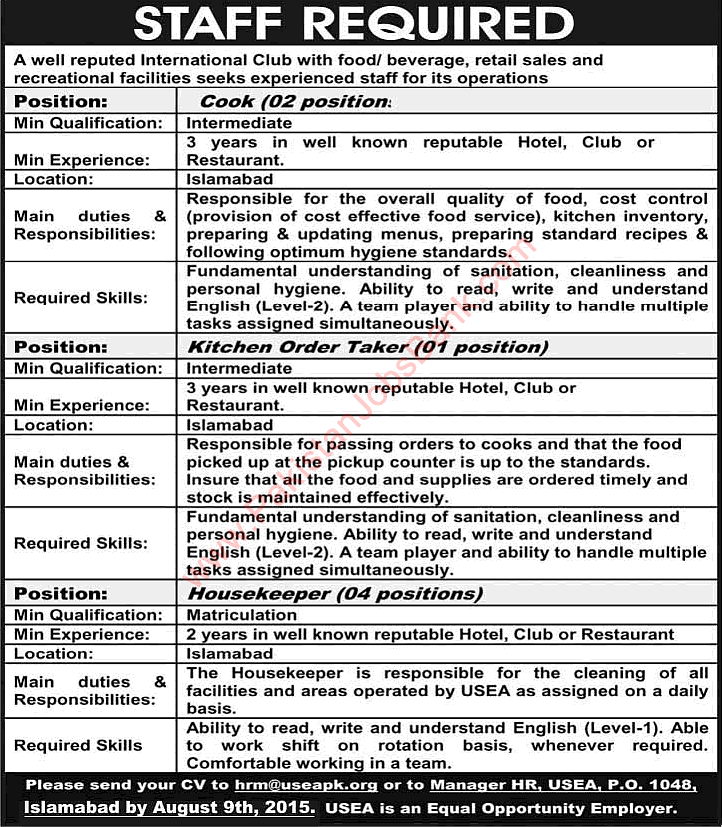 United States Employees Association Islamabad Jobs 2015 July Cooks, Order Taker & Housekeepers