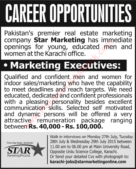 Star Marketing Karachi Jobs 2015 July for Marketing Executives Walk in Interviews Latest