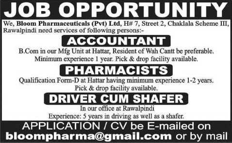 Bloom Pharmaceuticals (Pvt.) Ltd Jobs 2015 July Accountant, Pharmacists & Driver cum Shafer