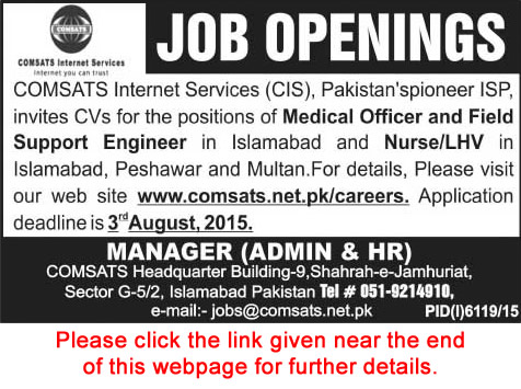 COMSATS Internet Services Jobs 2015 July Medical Officer, Field Support Engineer & Nurses / LHV