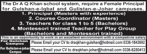 Dr. AQ Khan School System Karachi Jobs 2015 July Principal, Teachers & Course Coordinator