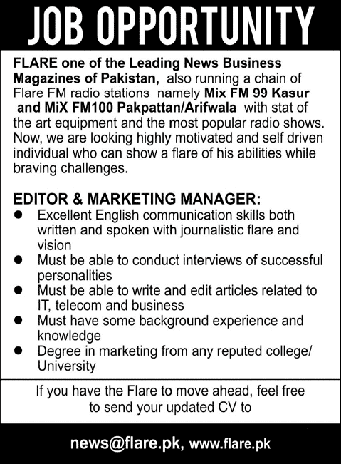 Flare Magazine Jobs 2015 July for Editor & Marketing Manager Latest