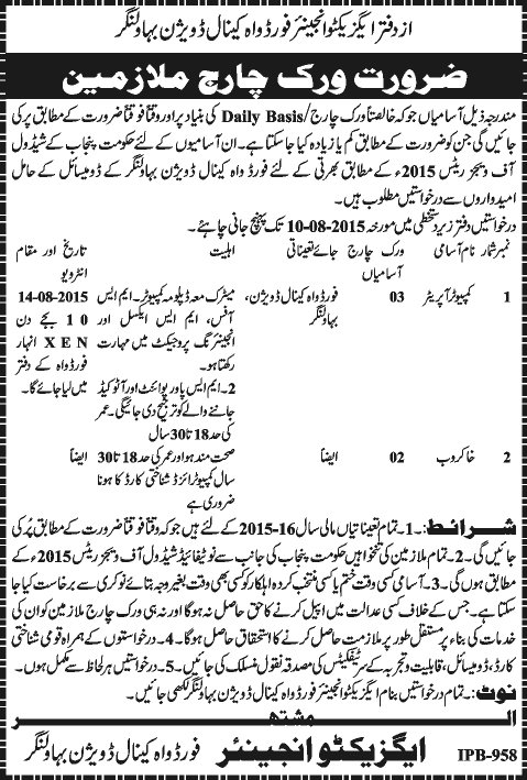 Computer Operator & Khakroob Jobs in Bahawalnagar 2015 July Ford Wah Canal Division Latest