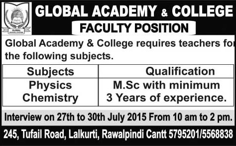 Global Academy & College Rawalpindi Jobs 2015 July Teachers of Physics & Chemistry Latest
