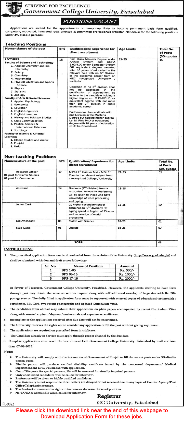 GC University Faisalabad Jobs 2015 July Application Form Teaching & Admin Staff under Disabled Quota