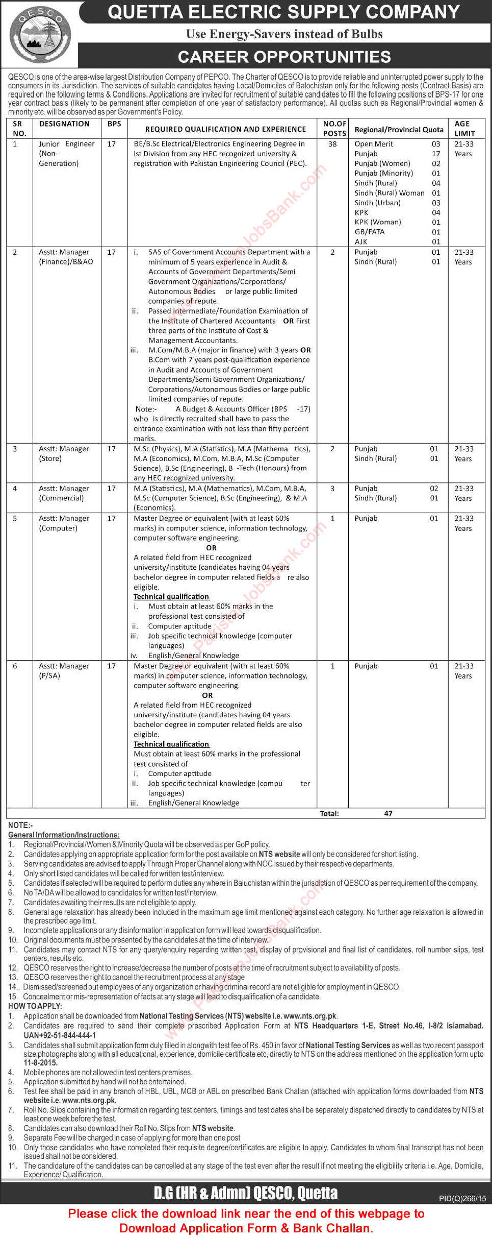 QESCO Jobs 2015 Junior Engineers & Assistant Managers WAPDA Quetta NTS Application Form Download