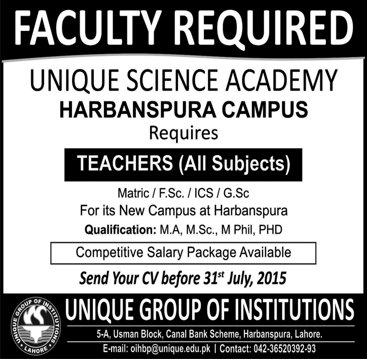 Unique Science Academy Lahore Jobs 2015 July Teaching Faculty in Harbanspura Campus