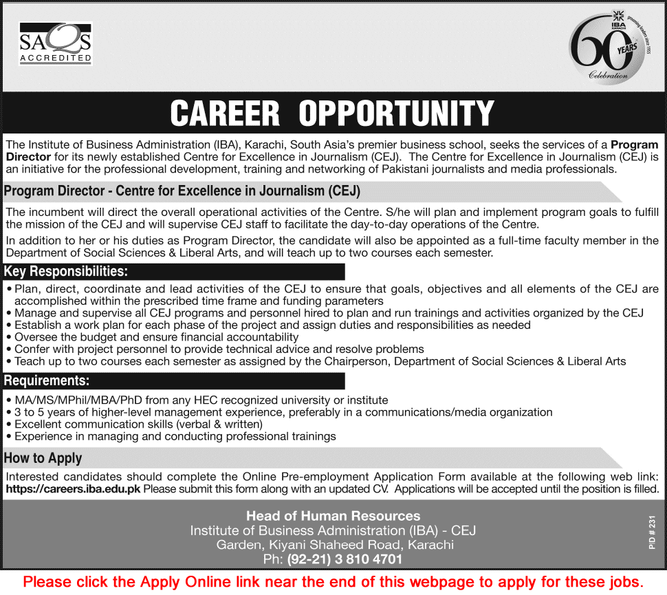 Institute of Business Administration Karachi Jobs 2015 July Apply Online as Program Director CEJ
