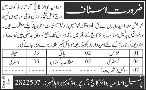 Islamia Boy College Quetta Jobs 2015 July for Lecturers / Teaching Faculty Latest