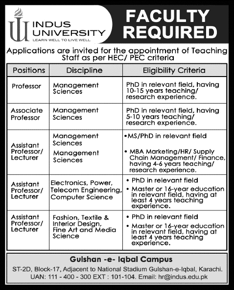Indus University Karachi Jobs 2015 July for Teaching Faculty, Professors & Lecturers Latest