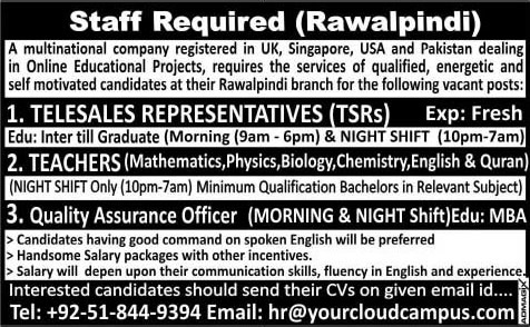 Teaching, Telesales Representatives & Quality Assurance Officer Jobs in Rawalpindi 2015 July Zeb Fortunes