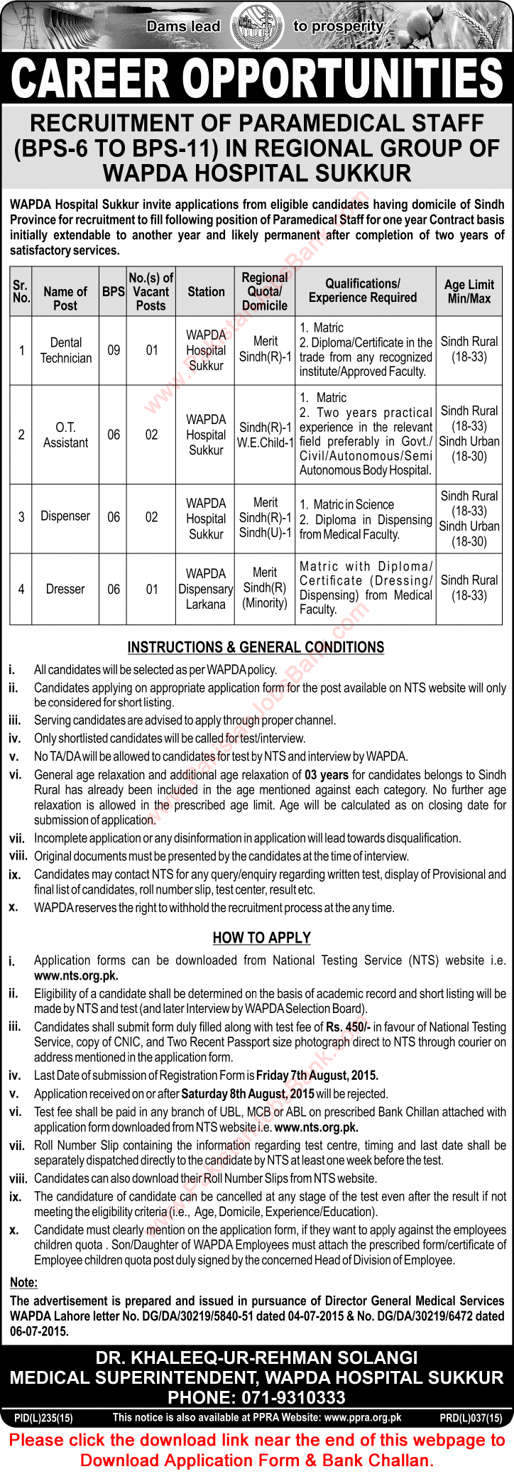 WAPDA Hospital Sukkur Jobs 2015 July NTS Application Form for Paramedical Staff Latest