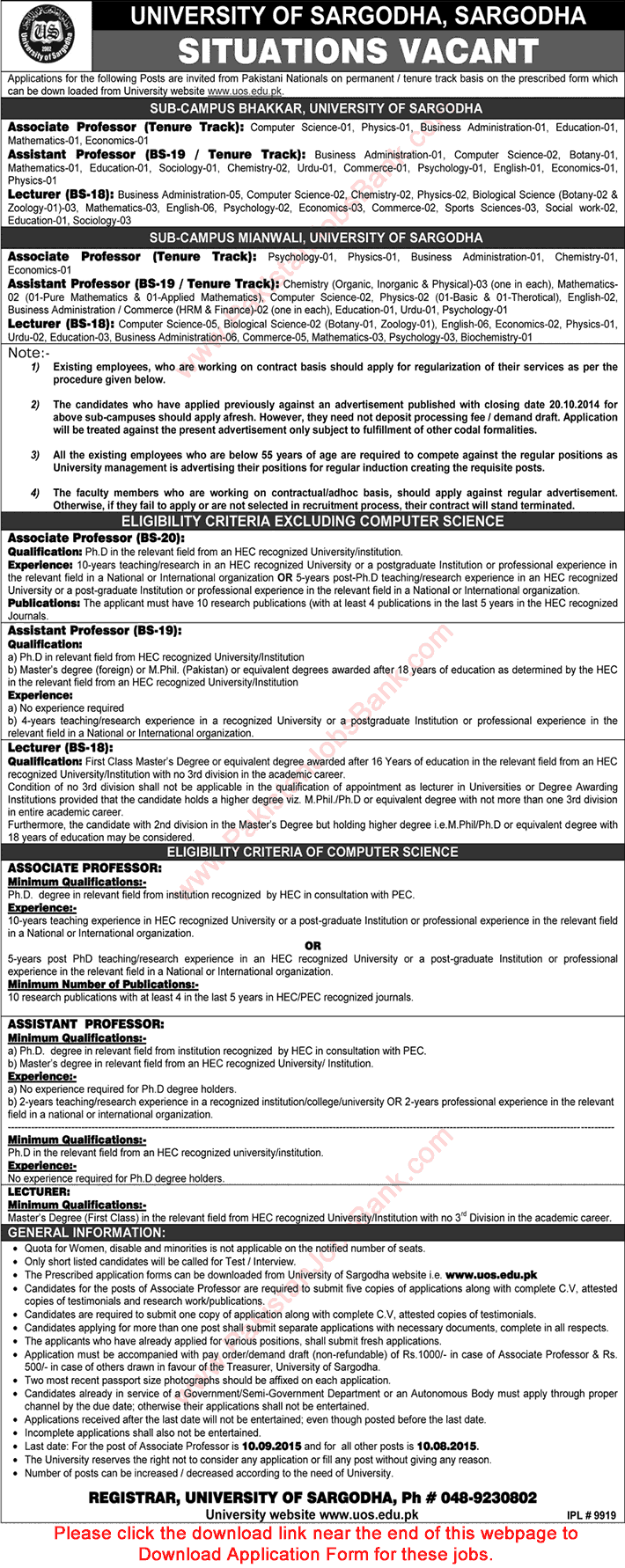 University of Sargodha Mianwali / Bhakkar Campus Jobs 2015 July / August Application Form Teaching Faculty