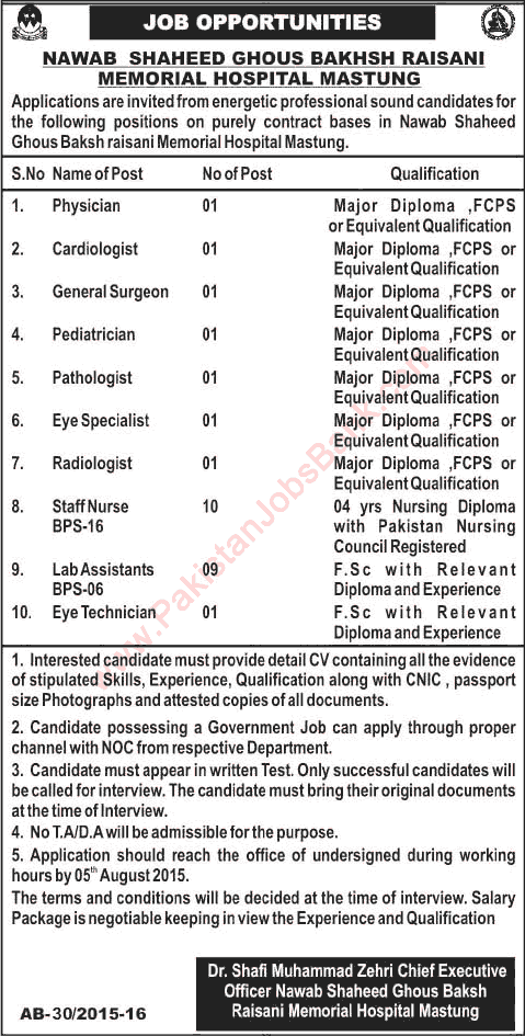 Nawab Shaheed Ghous Bakhsh Raisani Memorial Hospital Mastung Jobs 2015 July / August Doctors, Nurses & Others