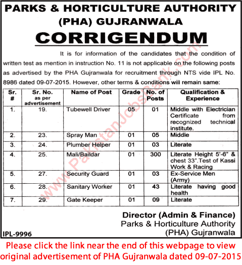 Corrigendum: Parks and Horticulture Authority Gujranwala Jobs 2015 July PHA Latest
